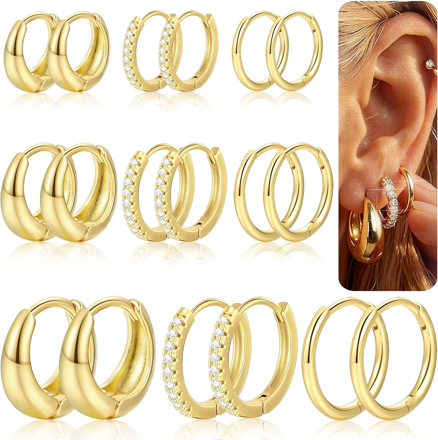 9 Pairs Gold Huggie Hoop Earrings Sets for Women, 14K Gold Plated Small Hoop Ear