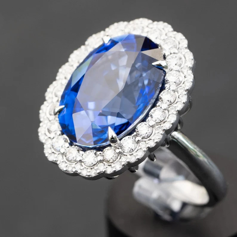 5.00 Ct Oval Natural Sapphire & Diamond Engagement Ring 14K White Gold Size 8