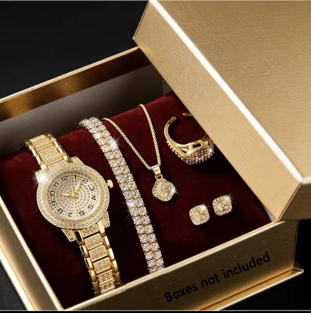 Gold Tone White Rhinestone Jewelry Set Watch Bracelet Necklace Ring Earrings