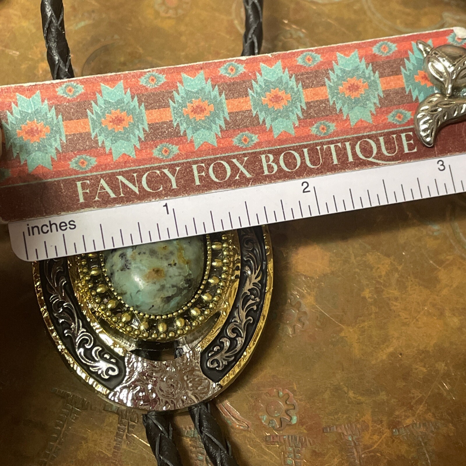 Southwest Tulsa Bolo Tie King African Turquoise Silver Gold Horseshoe Spring