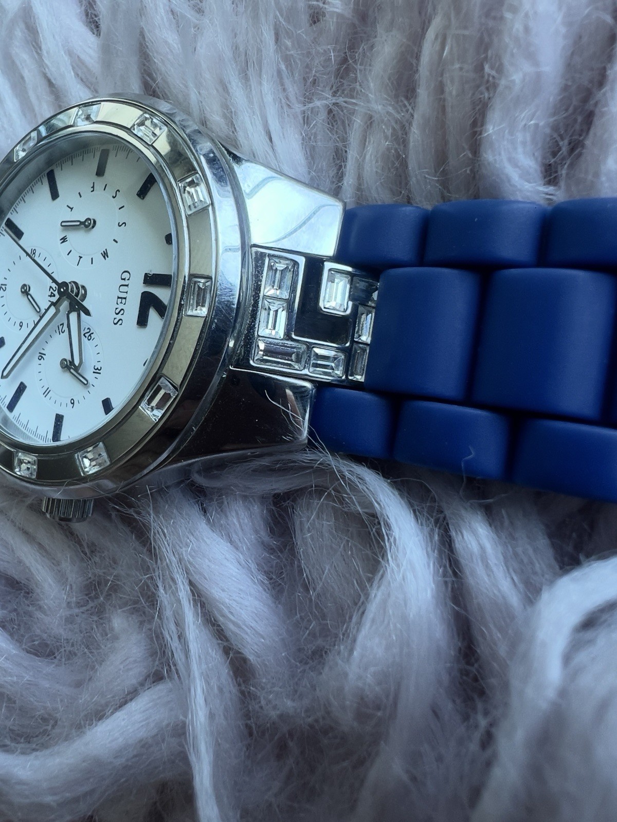 GUESS Women’s Quartz Multifunction Analog Watch White Dial Blue Silicone Strap