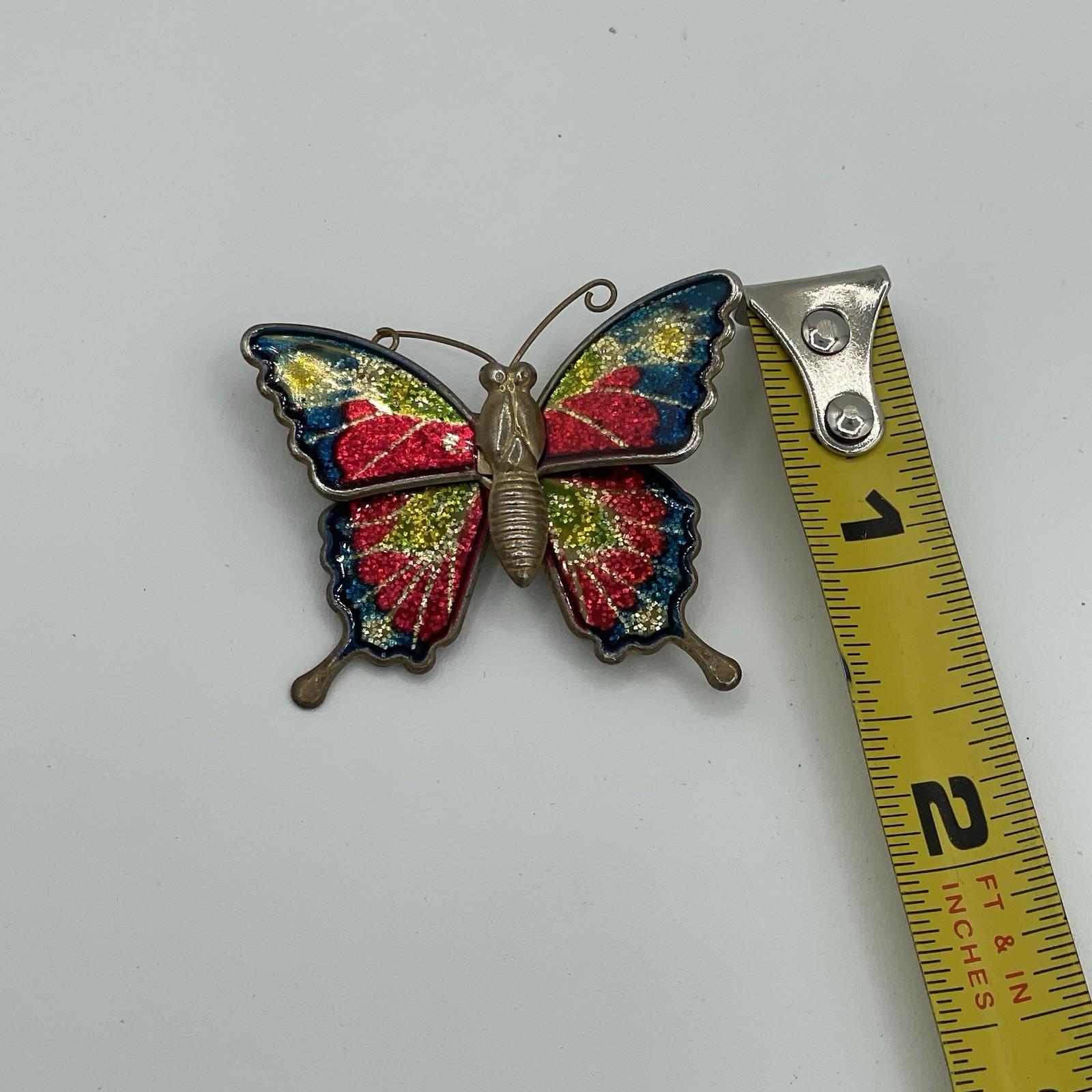 VTG Butterfly Brooch Pink Purple Glitter Enamel Gold Tone Pin 1.25×1.25 inch
