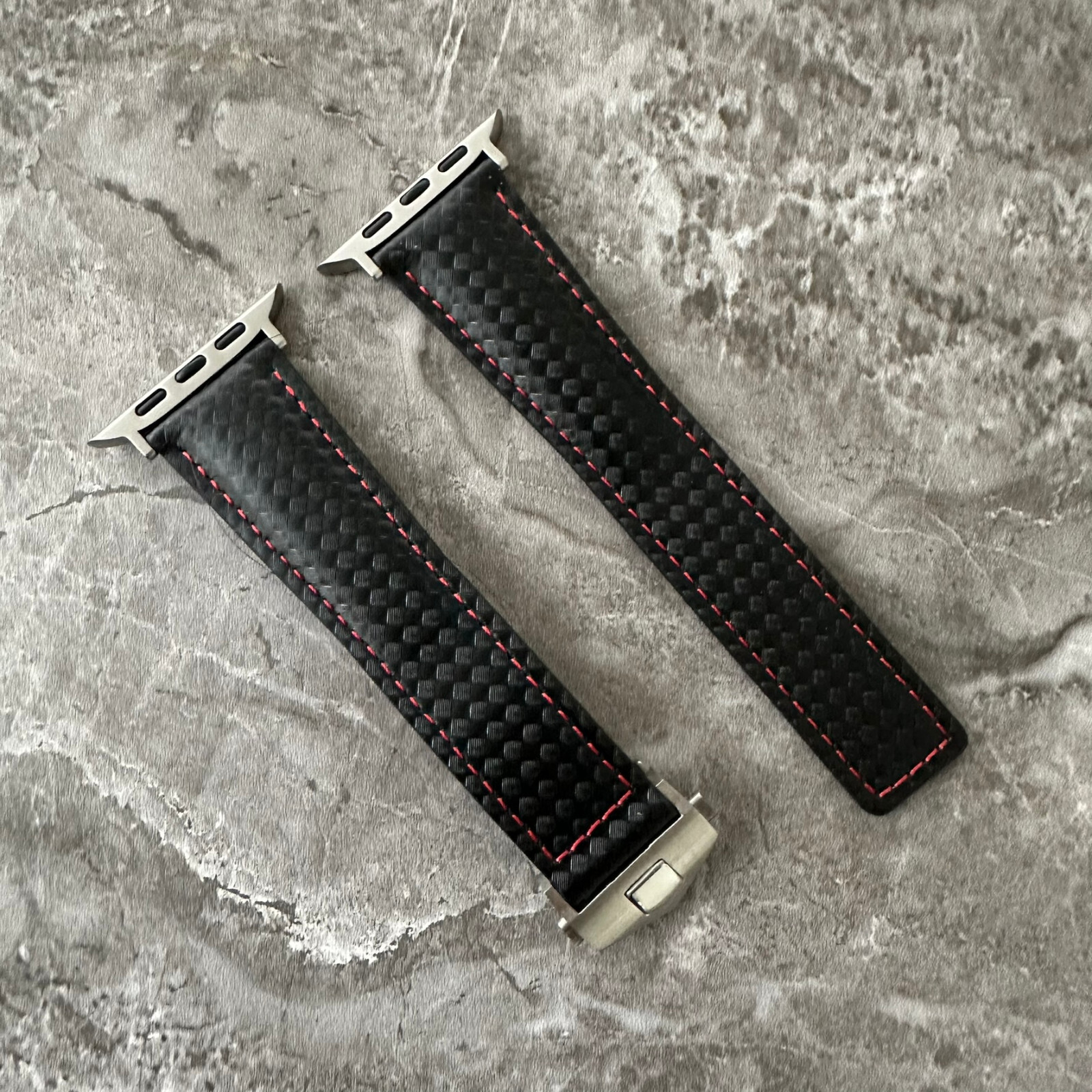 Black Leather Red Stitching Depolyment Watch Band For Apple Watch Ultra 1 2 49mm