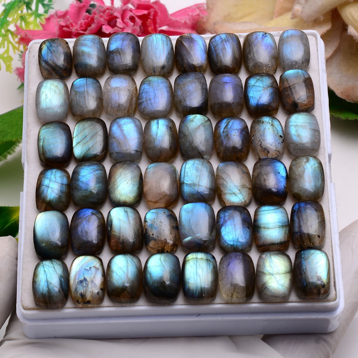 Set Of 18 Pcs Natural Labradorite 14mmx10mm Cushion Cabochon Loose Gemstones Lot