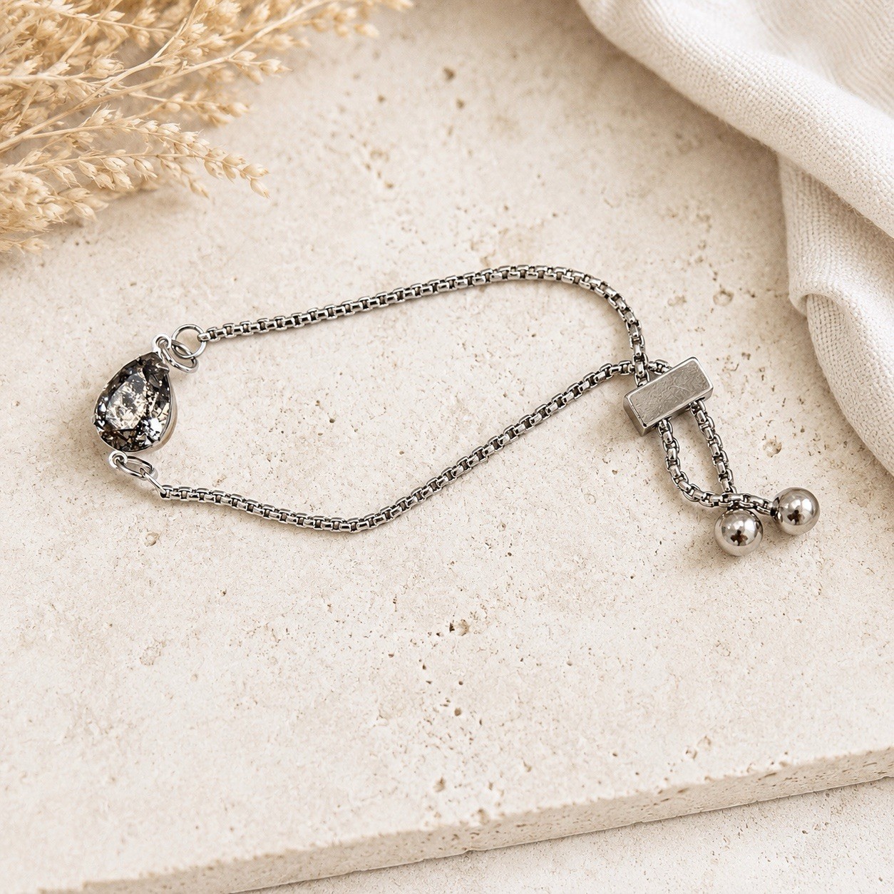Charcoal Gray Iridescent Silvertone Jewel Crystal Teardrop Bracelet Adjustable