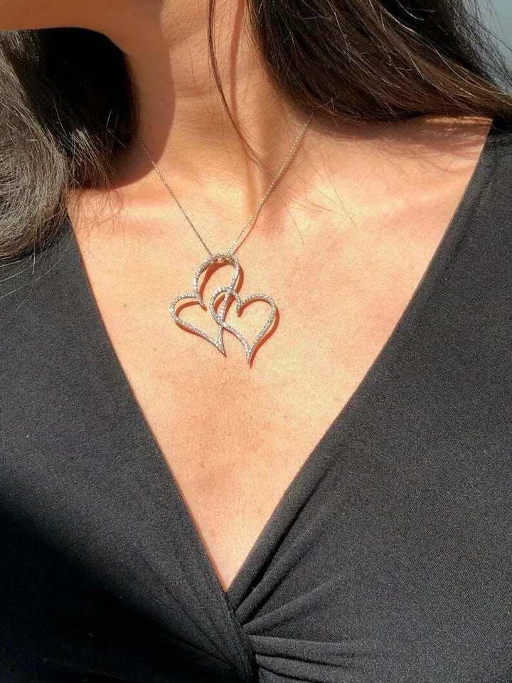 1.20Ct Round Lab Created Moissanite Double Open Heart Pendant 14k White Plated