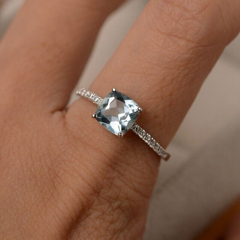 Silver Plated 2Ct Simulated Aquamarine Beautiful Dainty Ring Wife Valentine Gift