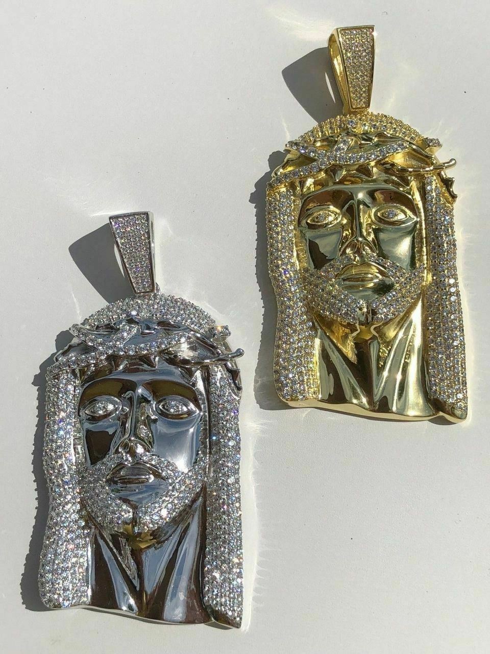3″ Jesus Pendant Piece Solid 925 Silver /14k Gold Plated ICY CZ & Moon Cut Chain