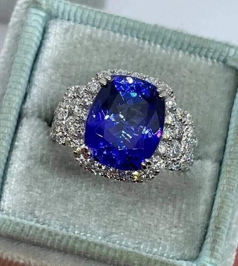 Cushion Cut Natural Tanzanite & Diamond Halo Engagement Ring 14K White Gold