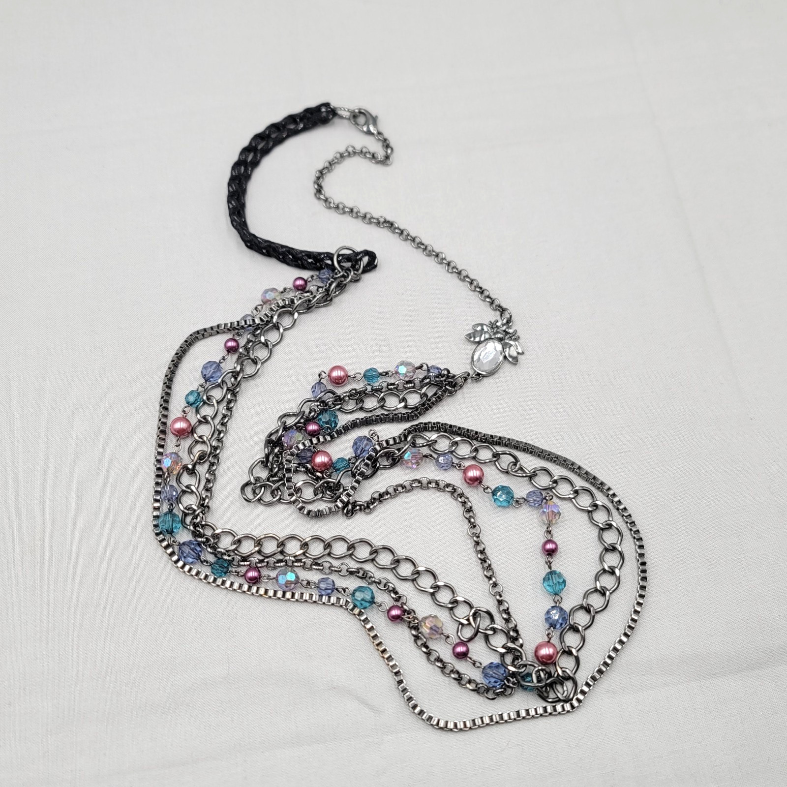 Necklace Black Metal Multi Chain Long Pink Blue Bead 36″ adj