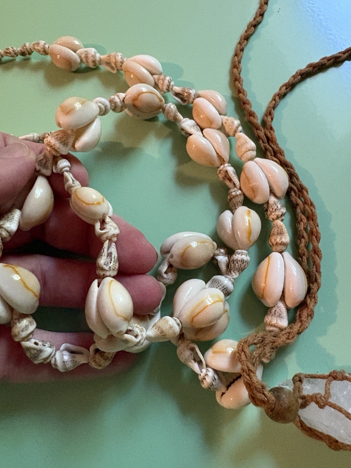 Vintage Shell And Macrame Quartz Necklace Set-boho-hippy-natural-earthy-crystal