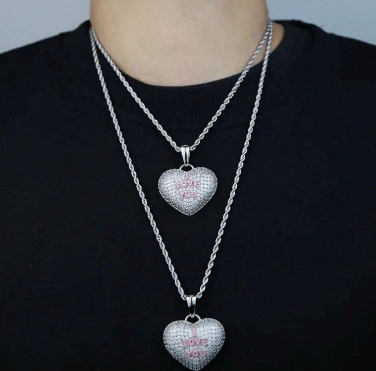 Hip Hop I Love You Heart Pendant Necklace AAA CZ Iced Bling Women Girl Gift Y2K