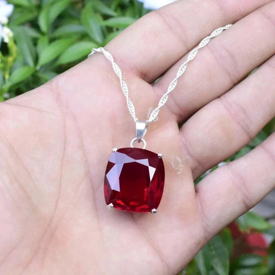 Natural 21 Ct Cushion Cut Red Ruby Silver Pendant AGL Certified Gemstone Jewelry
