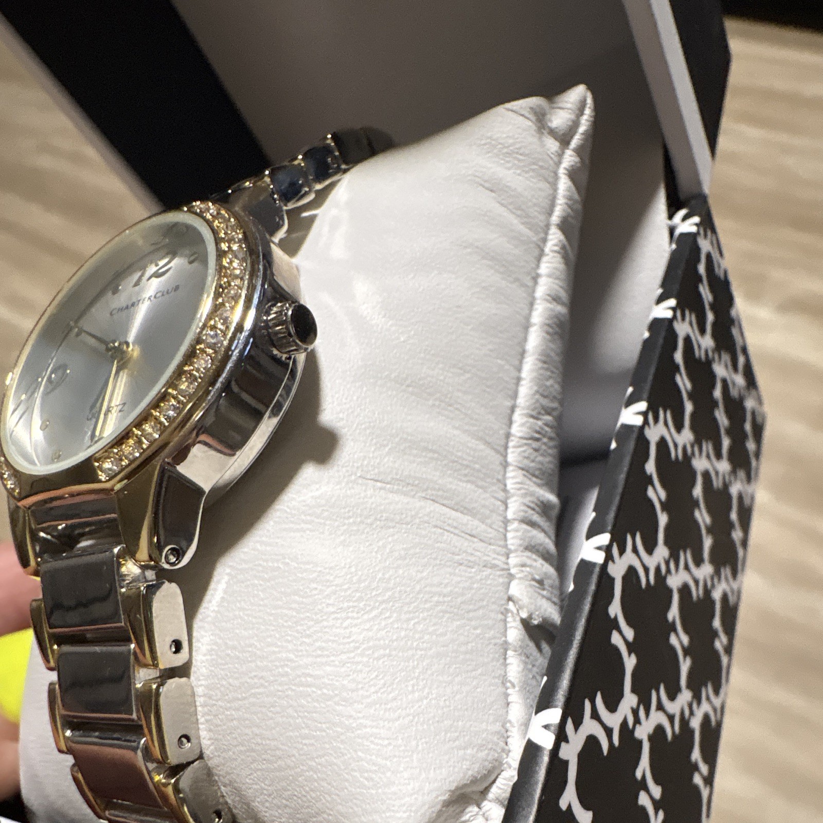 Charter Club Women’s Quartz Analog Gold-Tone Bracelet Silver Dial Gem Bezel Box