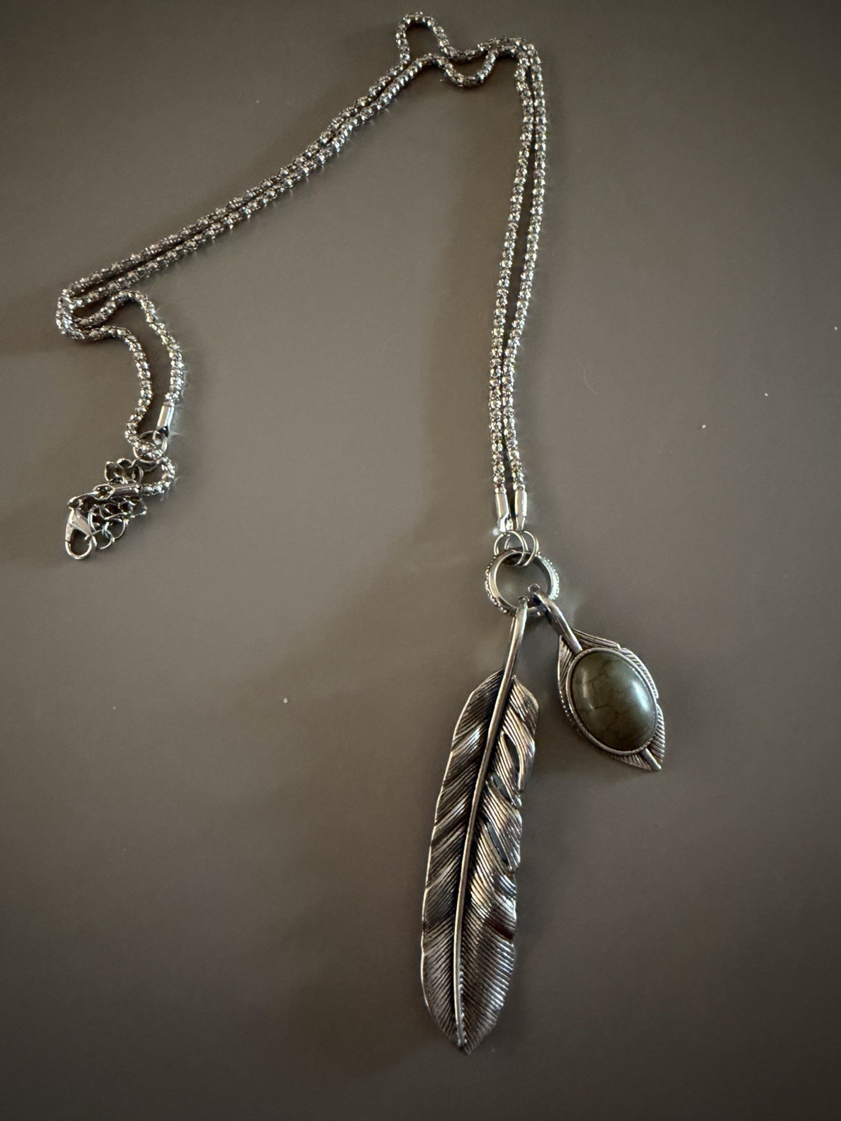 North Works Feather Stone Silver Tone Necklace 26-28”
