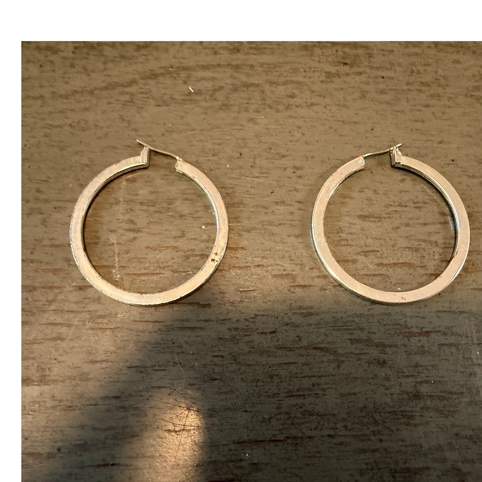vintage Silver Tone Flat Wide Medium Hoop Earrings Latch Back Closure 1.5 Inch