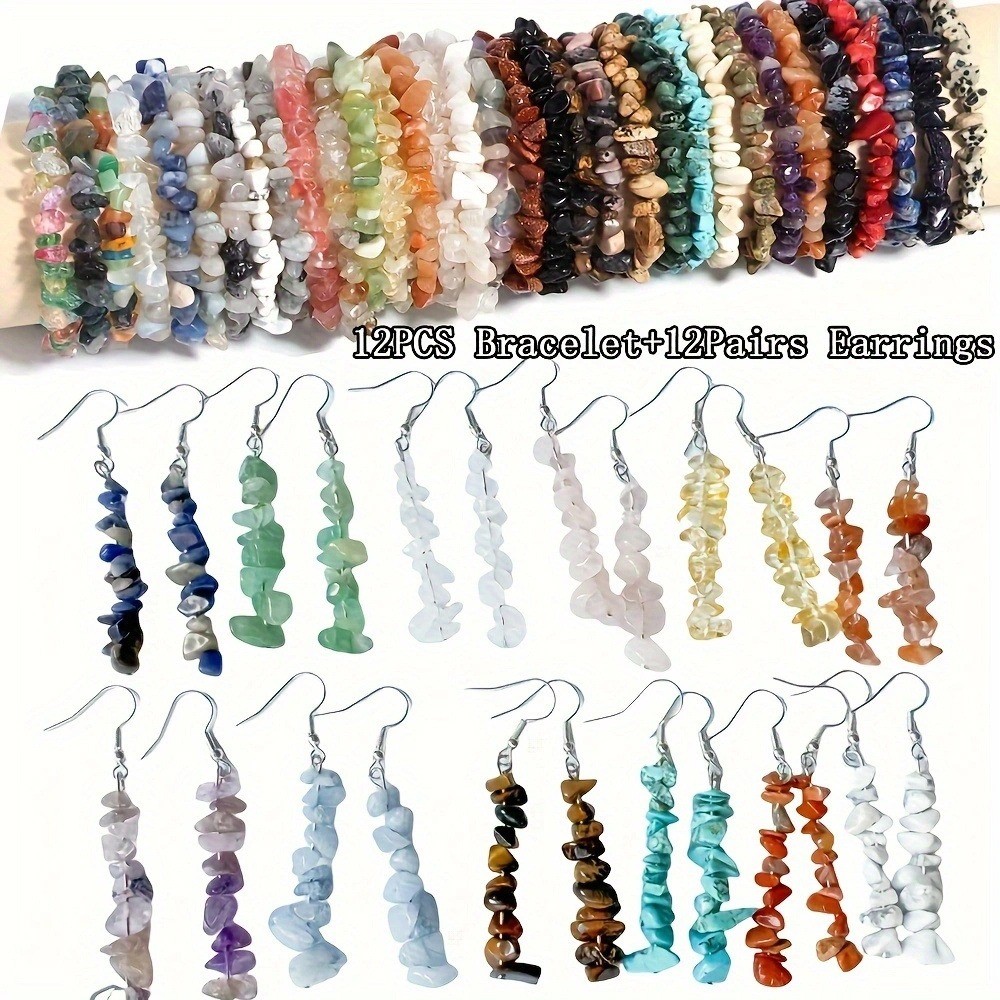 36pcs/set Natural Stone Jewelry Boho Crystal Bracelet Earrings Bead Chakra Reiki