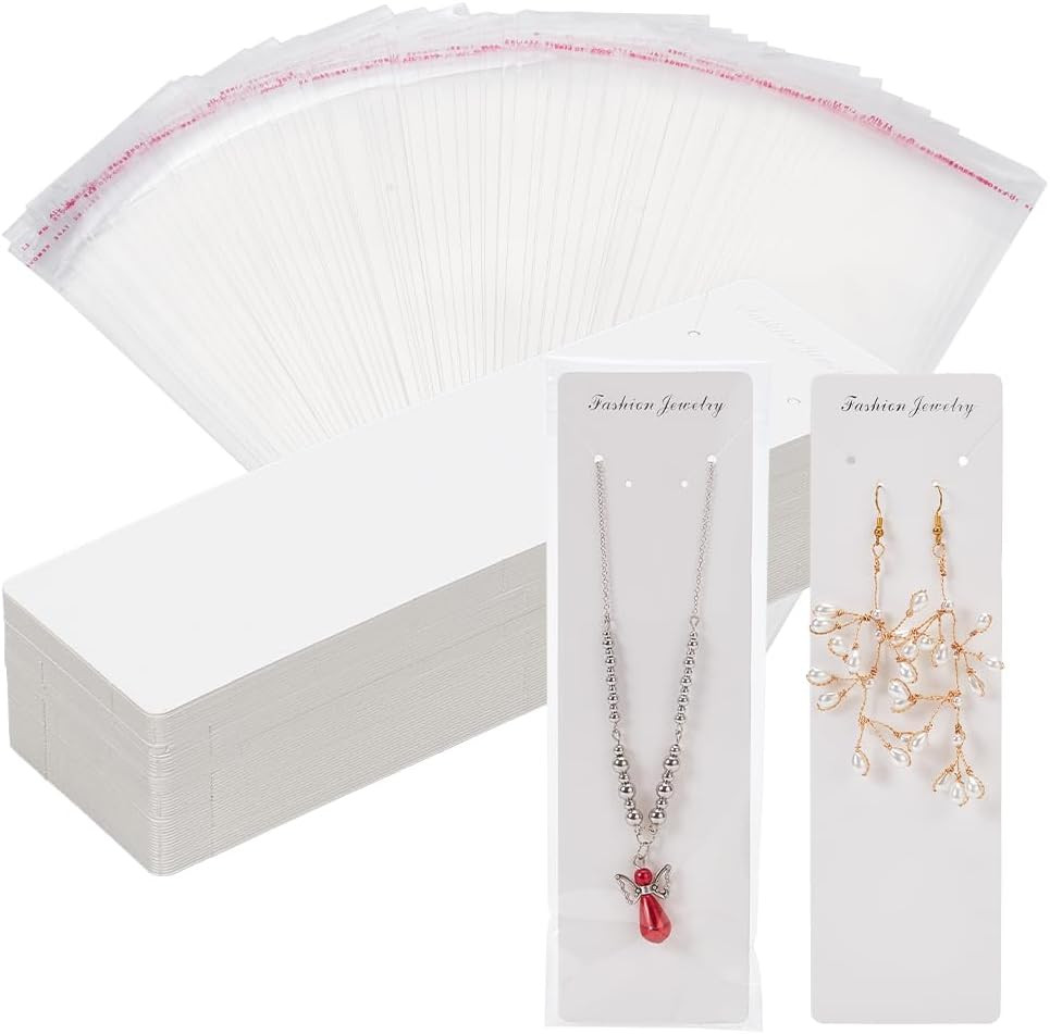 100Pcs Long Necklace Display Cards with 100Pcs Clear Self Adhesive Bags, 8X2.3 I