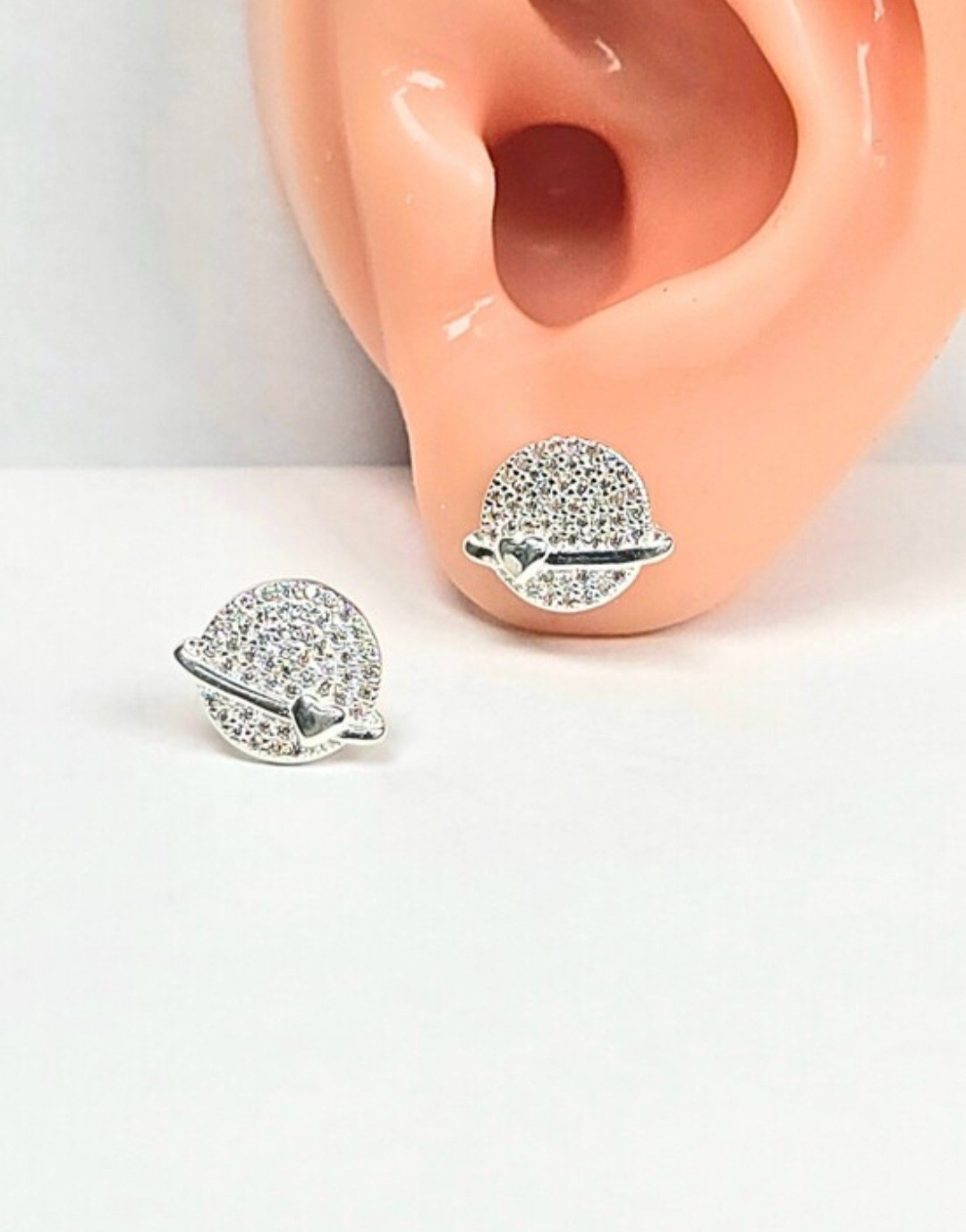 Arete Stud Earrings Plata 925 Mex. Sterling Silver Saturn Planet Design CZ