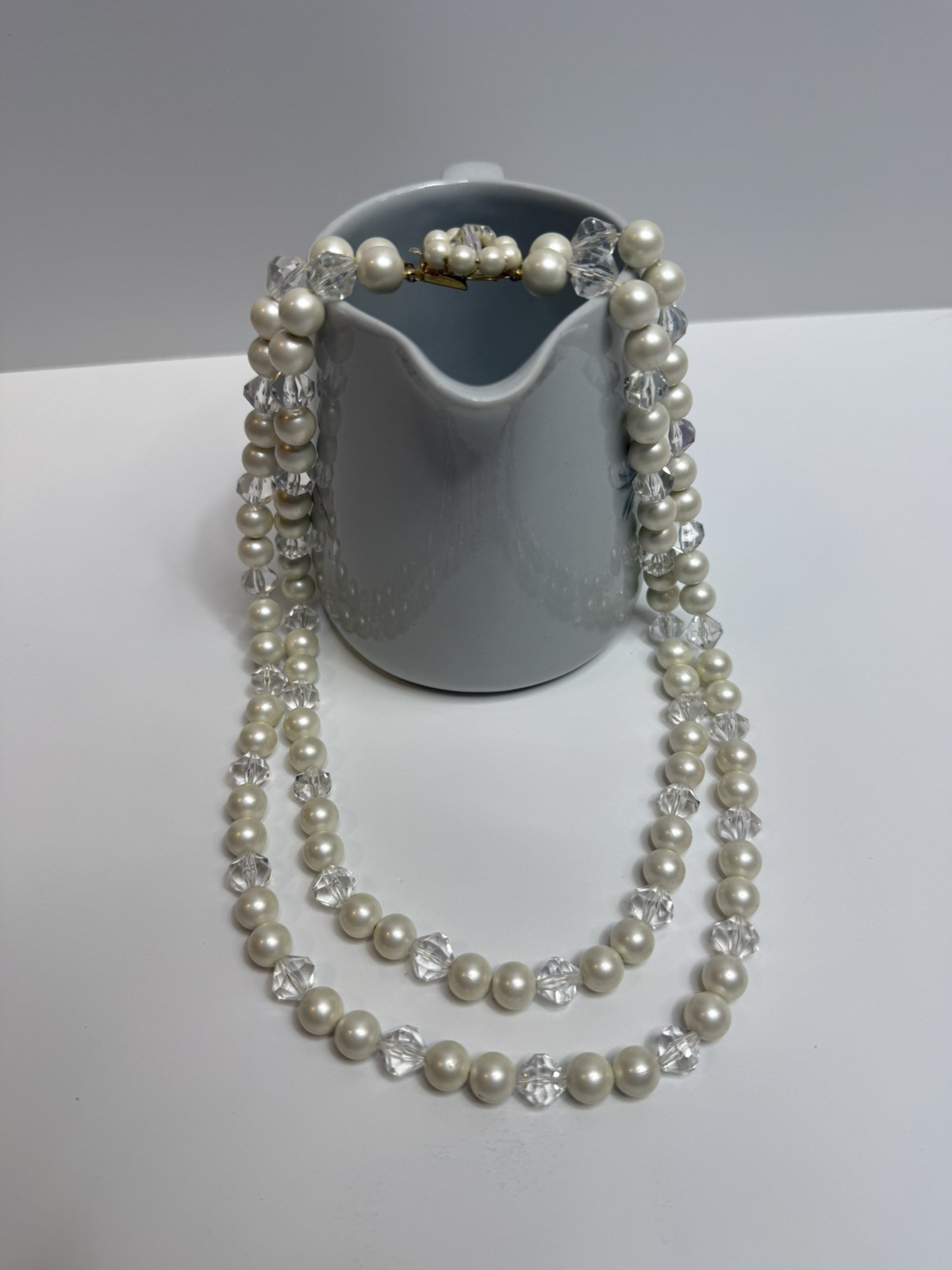 Vintage Marvella Cream Faux Pearl ⚪️Crystal Bead Multi Strand Necklace Marked✨