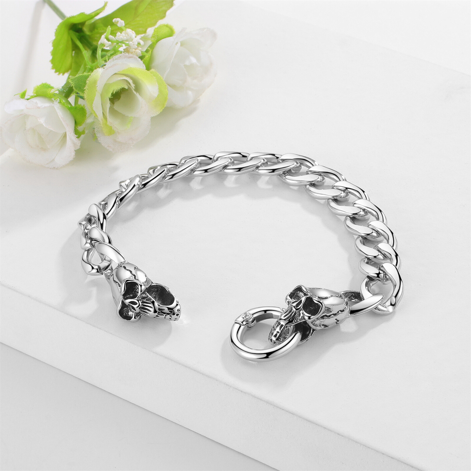 Mens Boys Biker Rock 12mm Skull Miami Cuban Link Chain Stainless Steel Bracelet