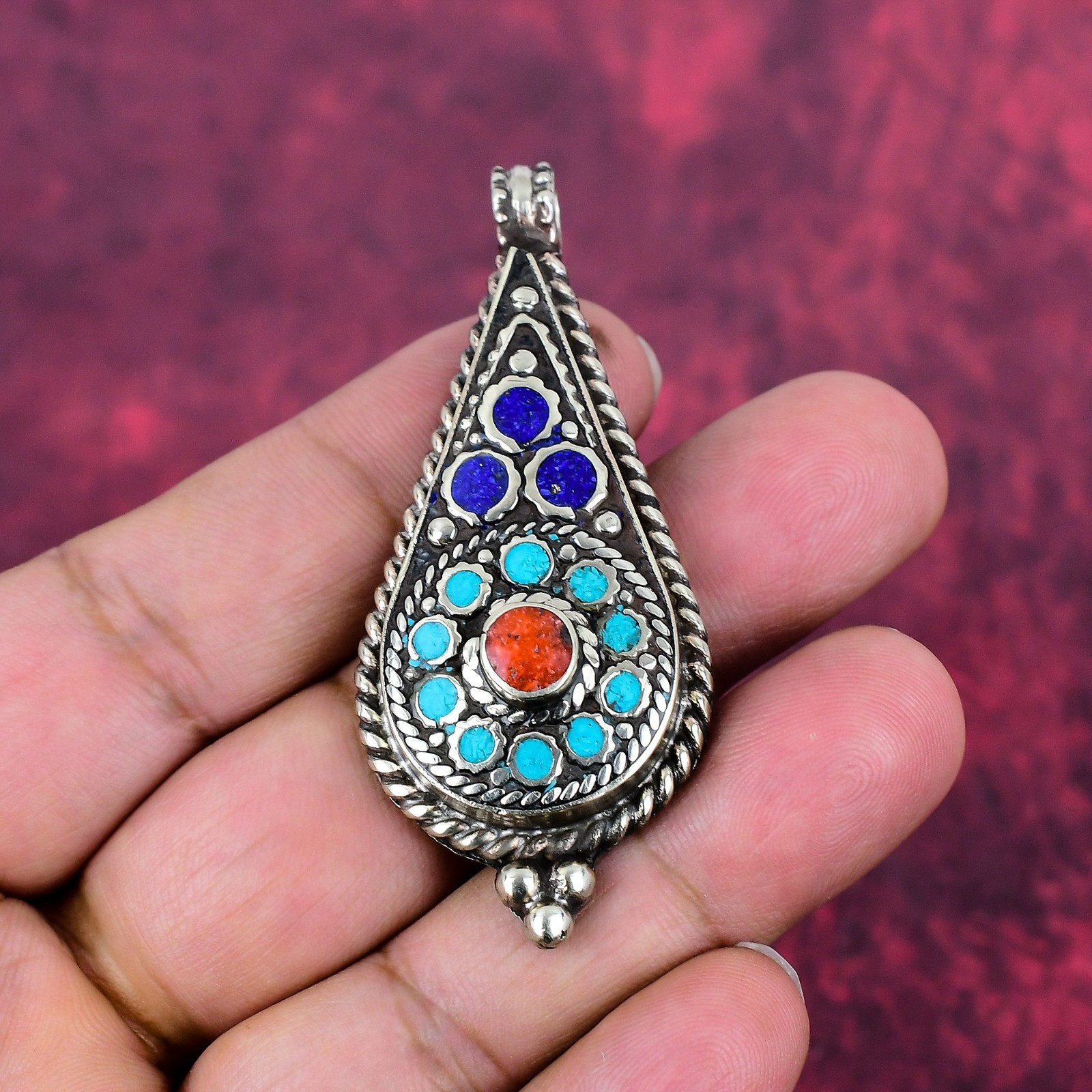 Turquoise, Coral Gemstone Handmade Jewelry 925 Sterling Silver Nepali Pendant