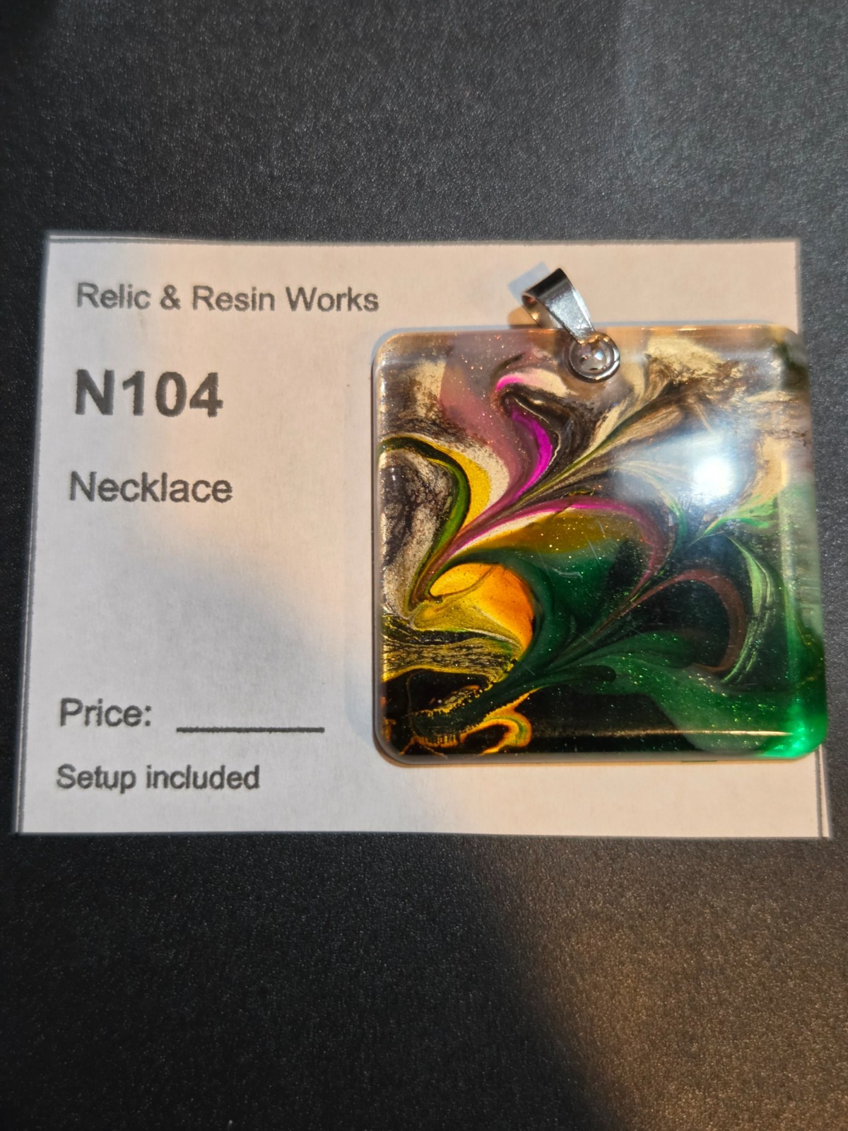 OOAK Petri Effect Resin Square Pendant Green Pink Gold Stainless N104