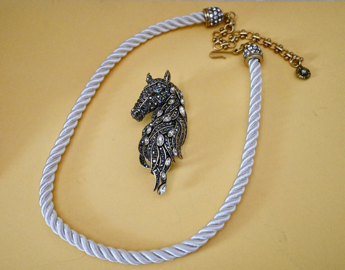 Heidi Daus FROSTED STALLION Crystal Horse Pin/Pendant Twisted Cord Necklace
