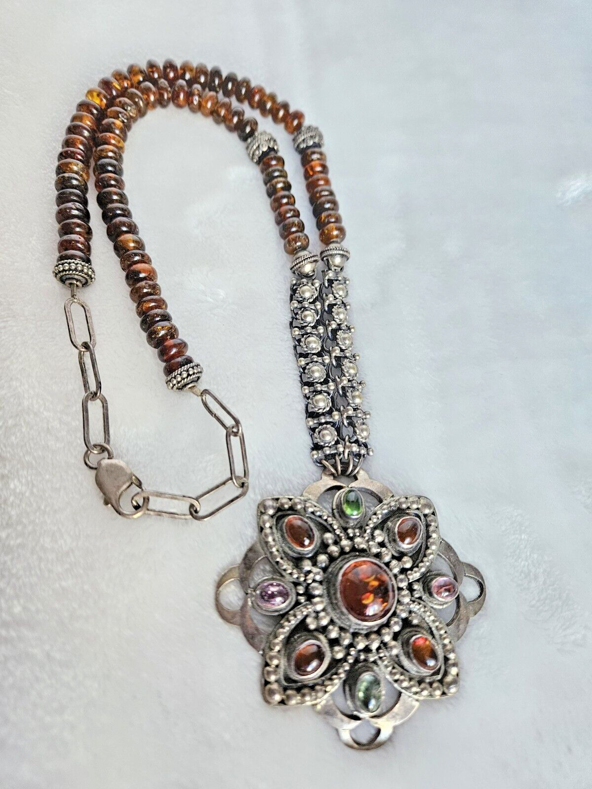 Vintage 925 Solid Sterling Silver Multicolor Amber Large Pendant Necklace