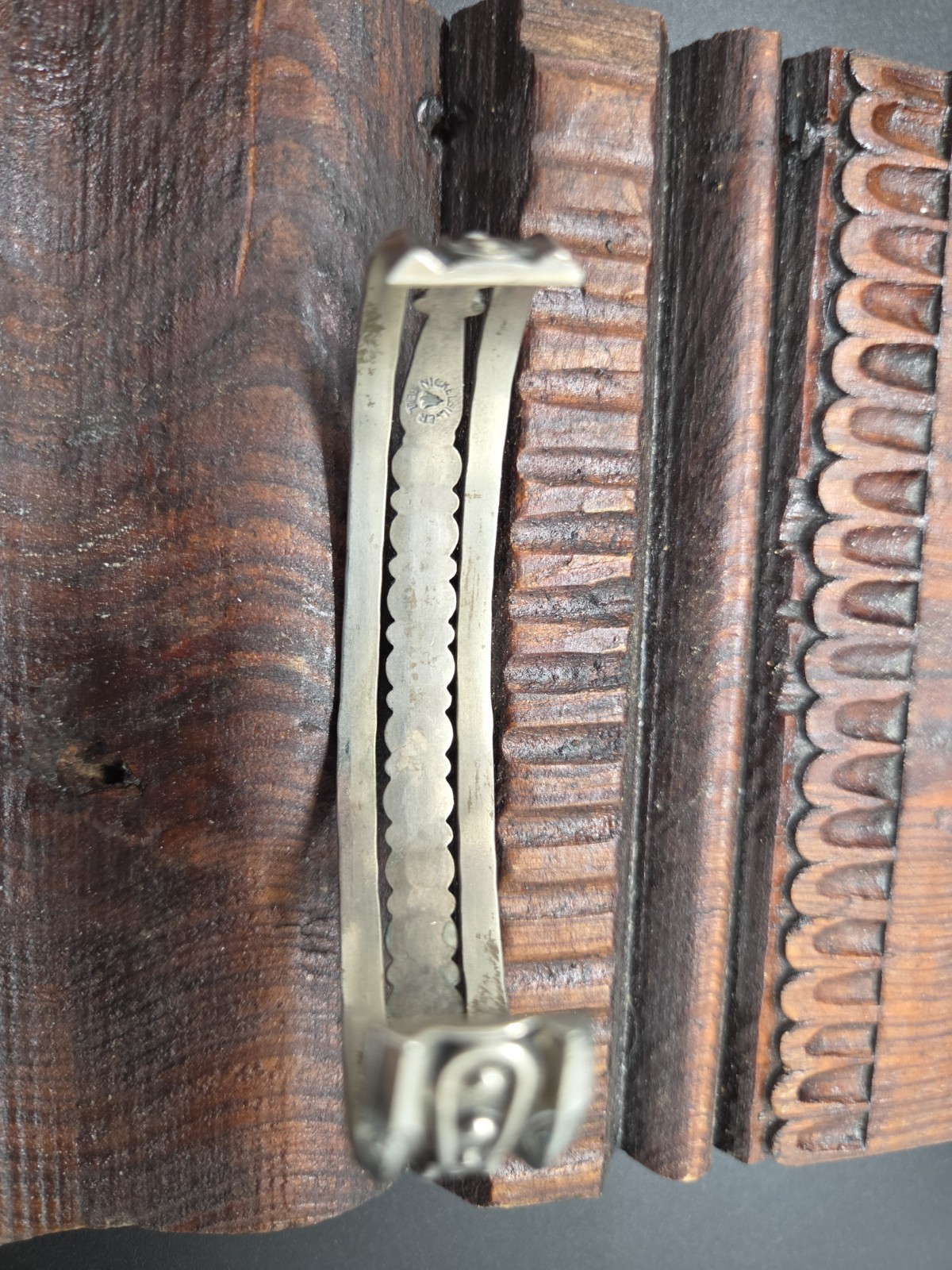 Vtg NICKLE SILVER BELL TRADING POST Southwest Navajo TURQUOISE Cuff Bracelet