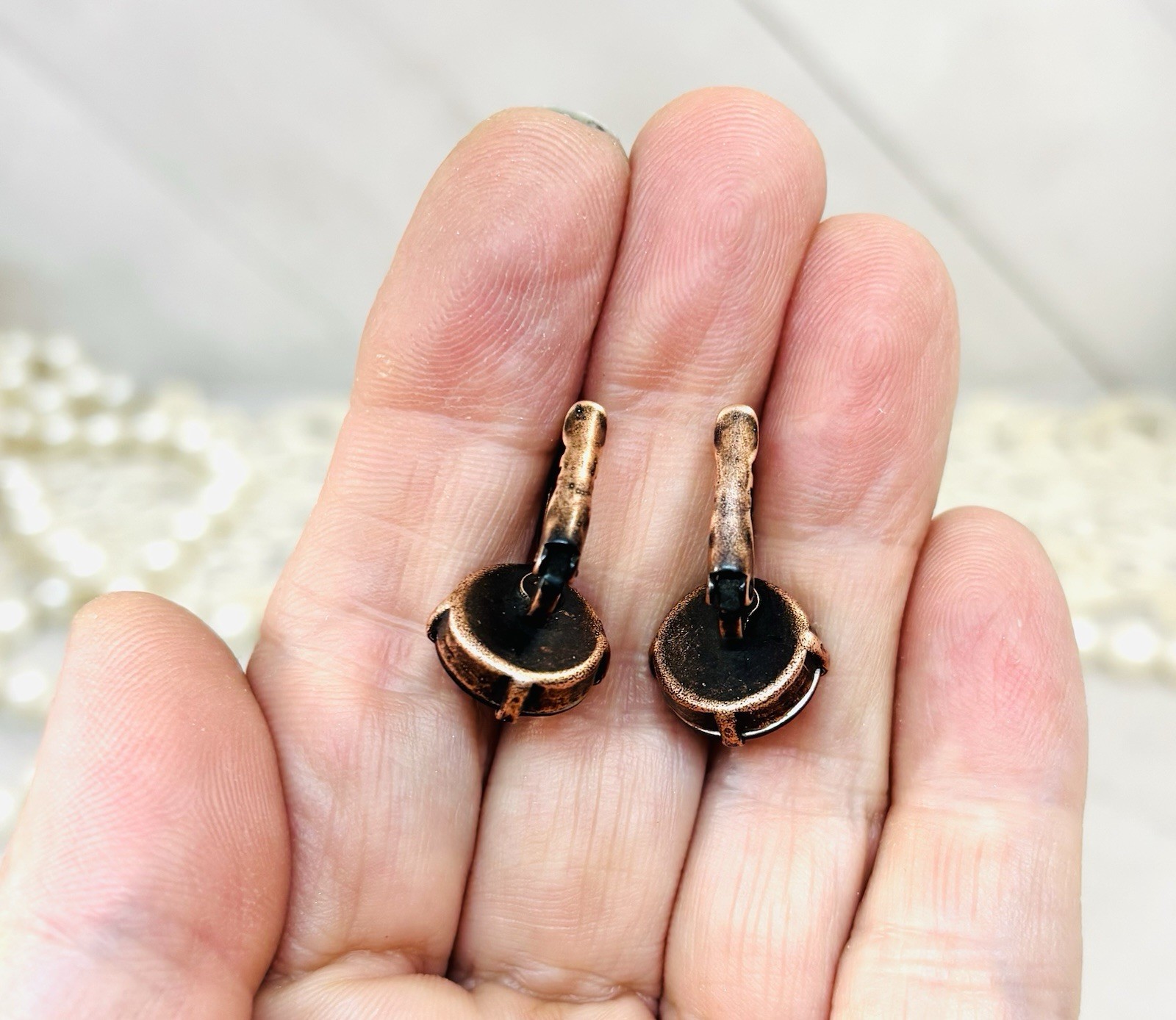 12mm Antique Copper Chocolate Brown Cup Chain Earrings with Smoked Topaz Stones