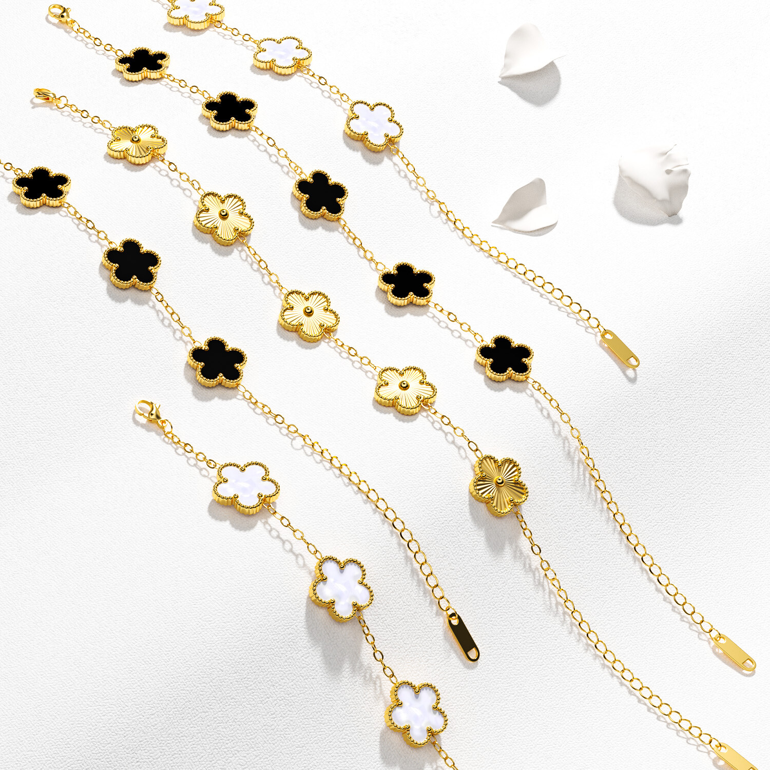 3-Pcs 18k Gold Plated Clover Lucky Bracelet For Women Flower Five Leaf Bracelets