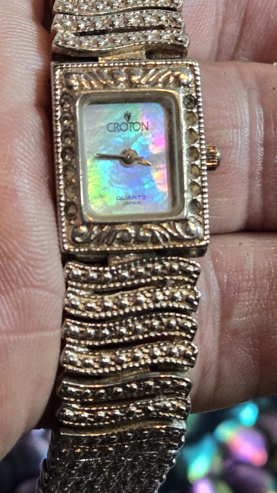 Vintage Croton Diamond Cut Solid Sterling Silver Mother Of Pearl Watch Small 6.7