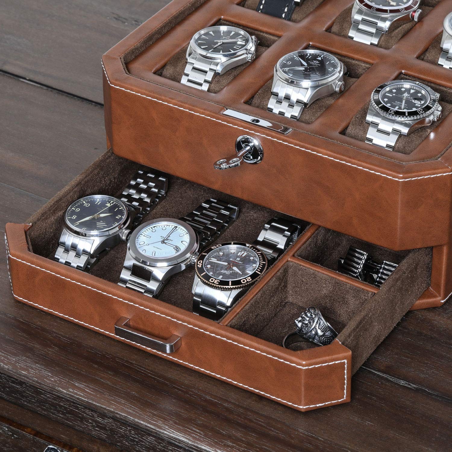 Luxury 6-Slot Leather Watch Box with Valet Drawer – Glass Top Organizer, Locking