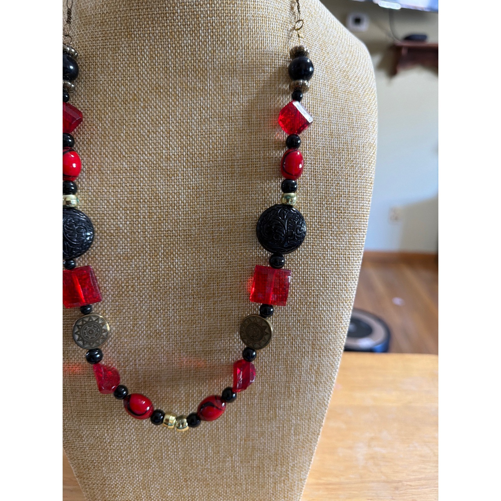 Red and Black Beaded Statement Necklace Boho Gold Tone Mixed Media Layering