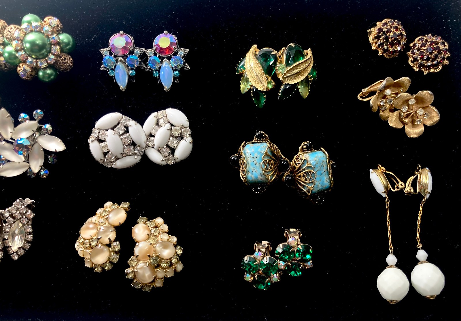 Lot of 15 Pair Vtg Rhinestone Clip On Earrings-Florenza Juliana Lewis Segal etc