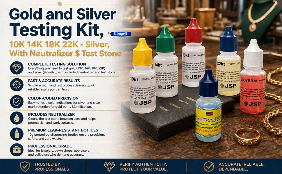 Gold Silver Testing Kit 10K–22K Solutions with Neutralizer & Stone