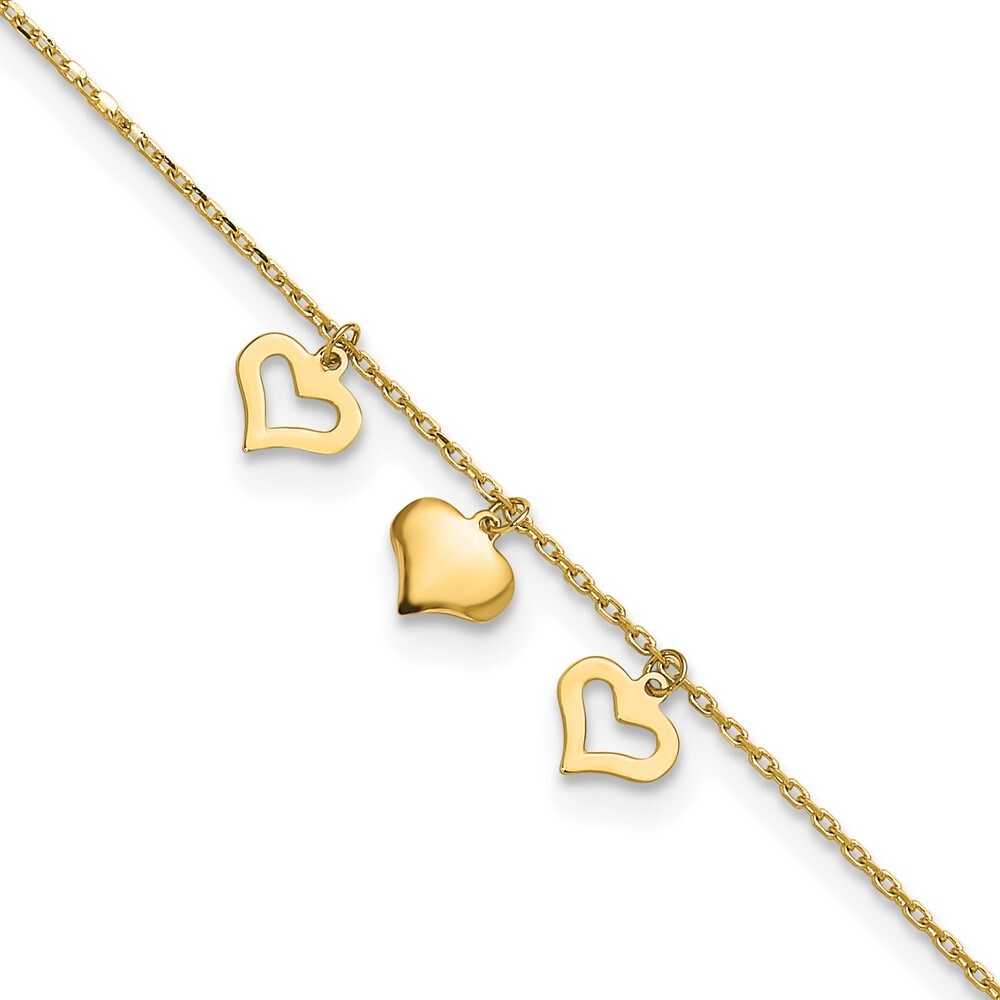 10k Yellow Gold 3 Hearts 9in Plus 1in Extension Anklet for Women 0.98g