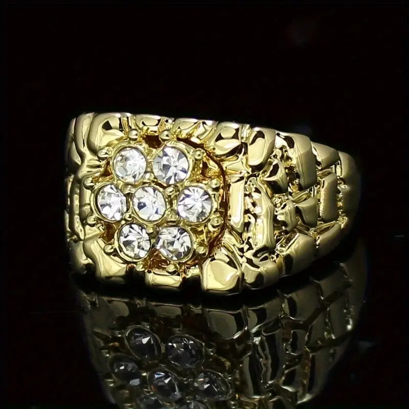 PINKY RING GOLDEN NUGGET ICED HIP HOP RAPPER GOLD PLATED LUXURY SIZE 8 ~ 12