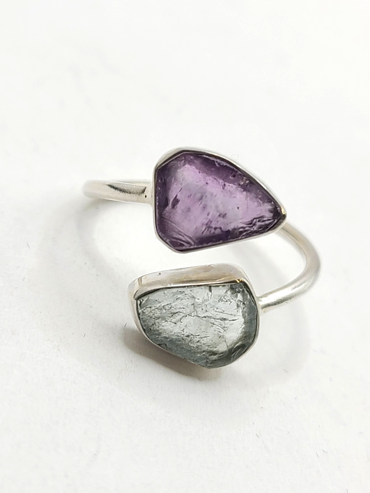 925 Sterling Silver Double Stone Amethyst & Aquamarine Gemstone Ring sz 9