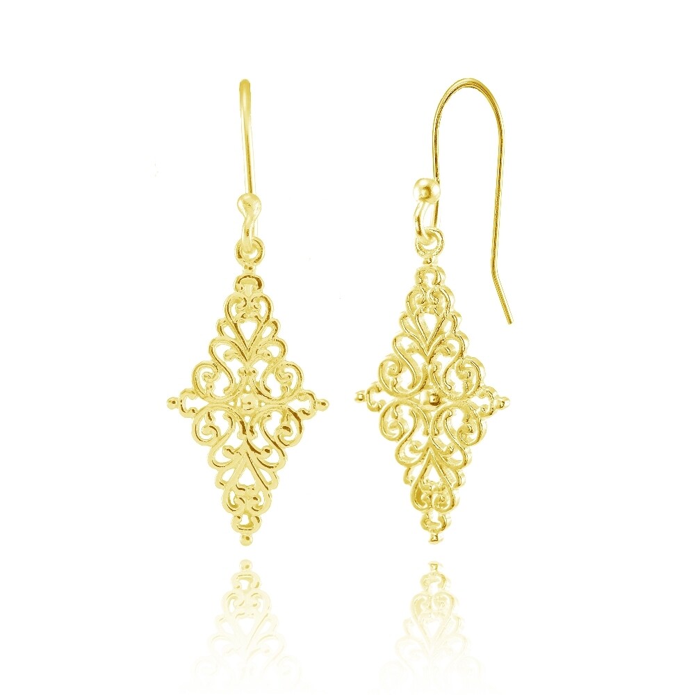Yellow Gold Flashed 925 Silver Diamond-Shape Filigree Polished Dangle Earrings