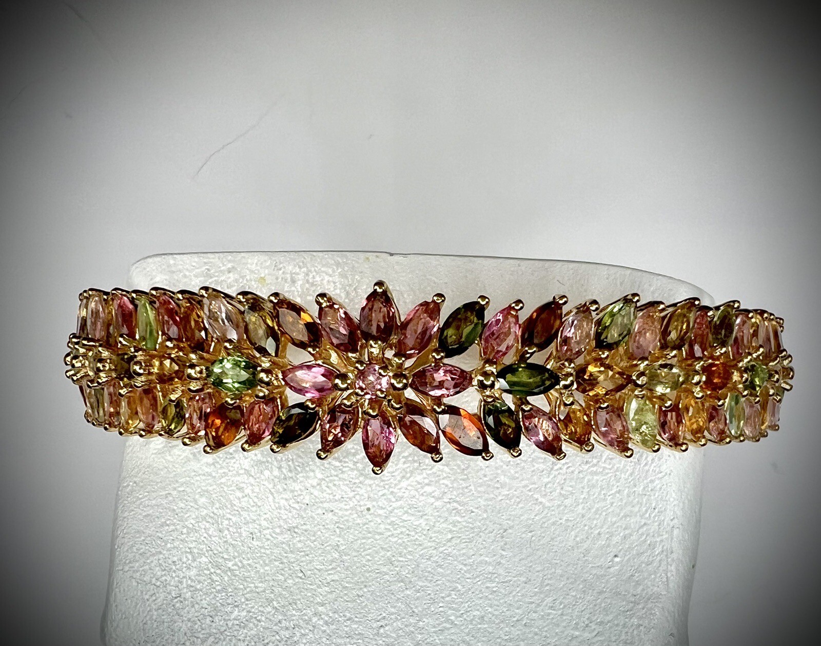 Multi-Tourmaline Bangle Bracelet in Yellow Gold Over Sterling Silver 6.50 In NEW