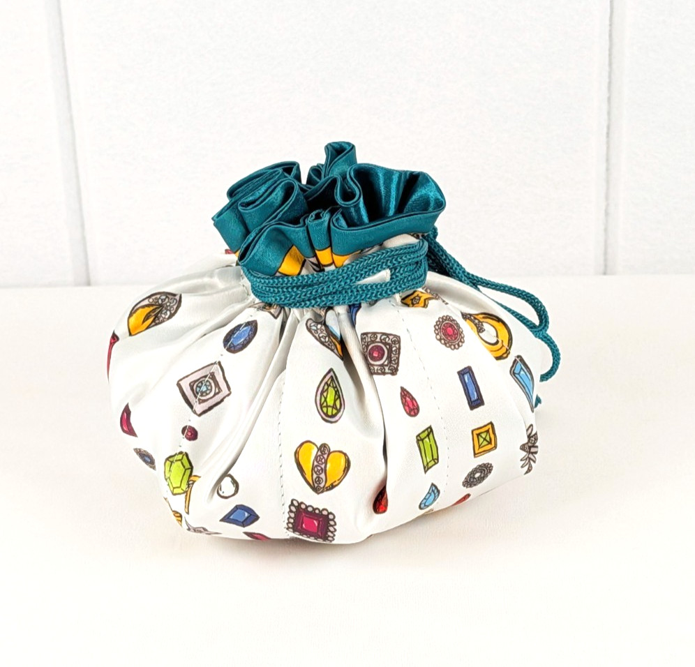 BRIGHTON “Charmed Love” Draw-String Jewelry Pouch Teal White Satin w/Jewels NEW
