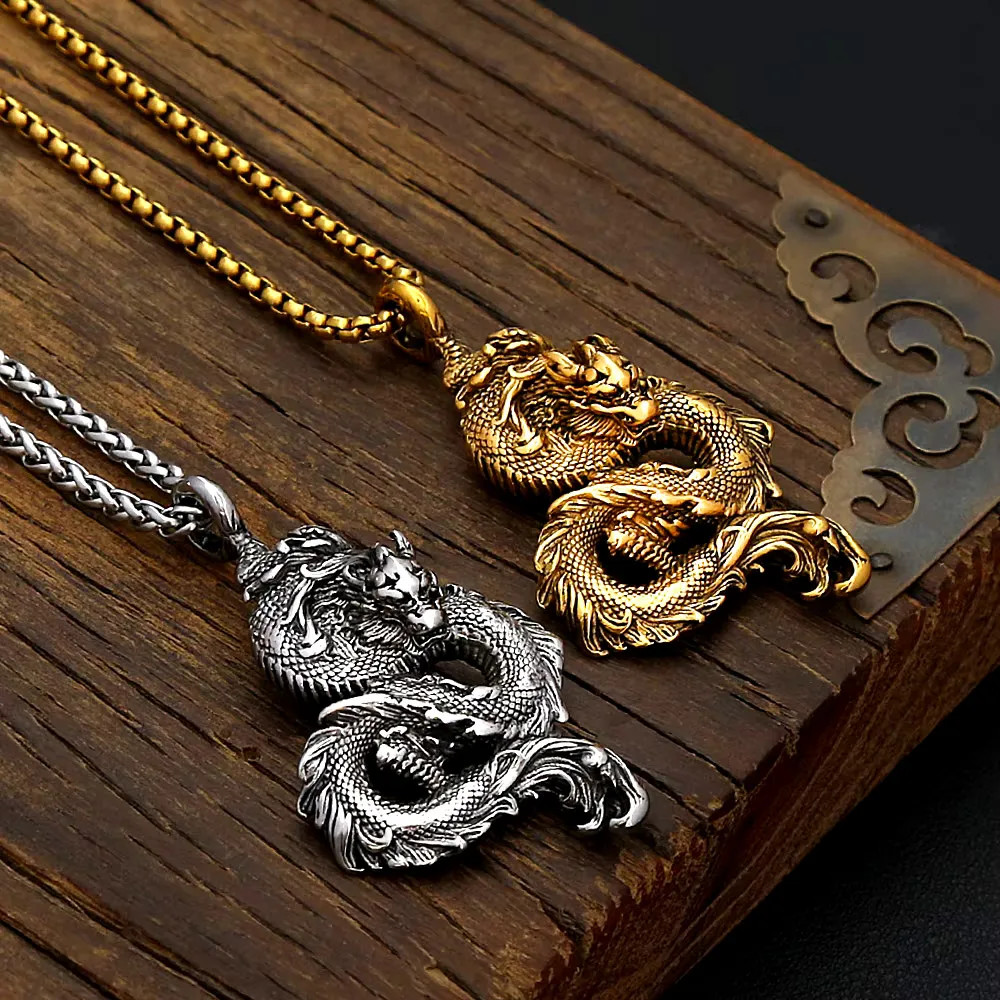 Antique Gold Silver Two Tone Stainless Steel Chinese Dragon Amulet Necklace Punk