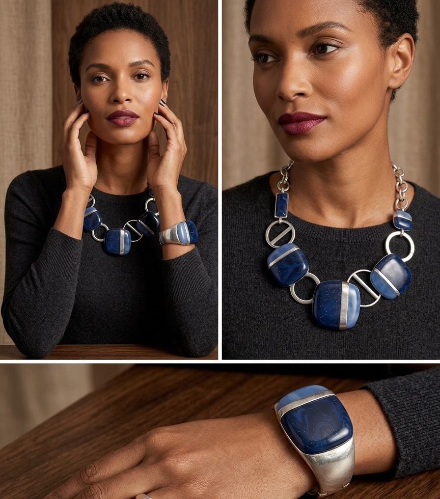 Chico’s Modernist Statement Necklace and Matching Hinge Bracelet Set in Silver T