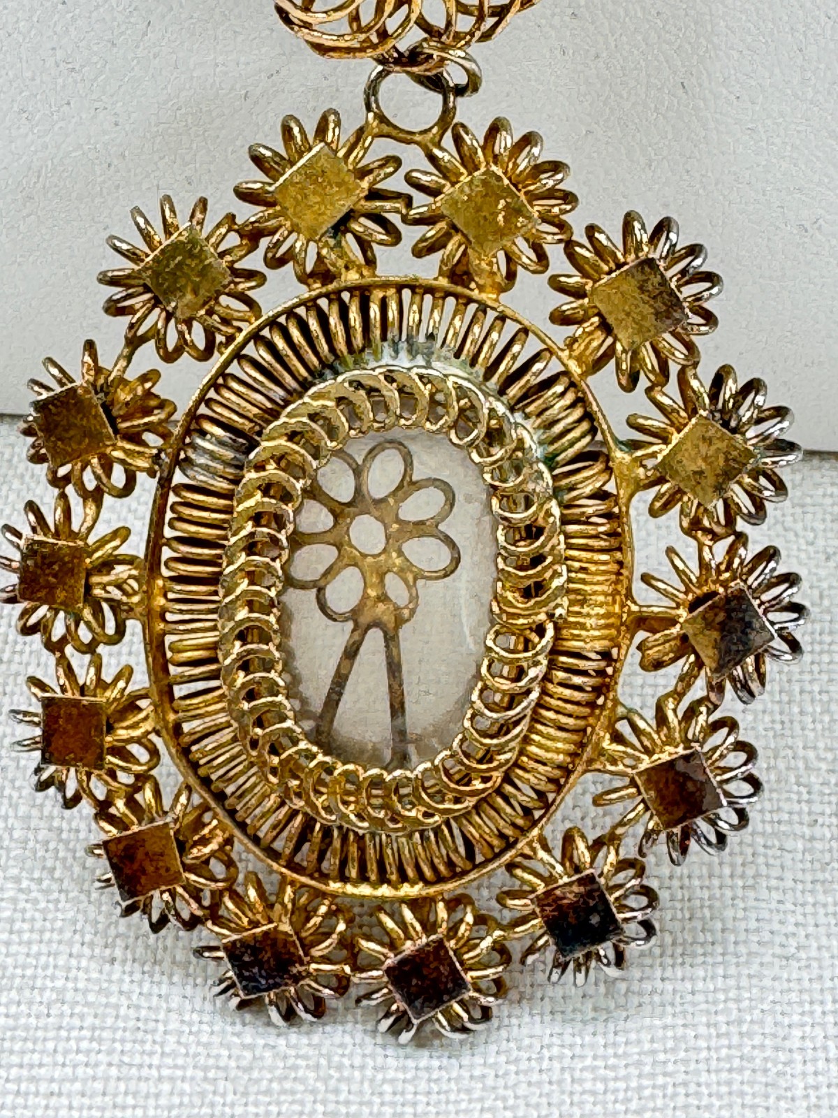 Philippines Tambourine Reliquary Gilt Copper Filigree Pendant Necklace Rosary