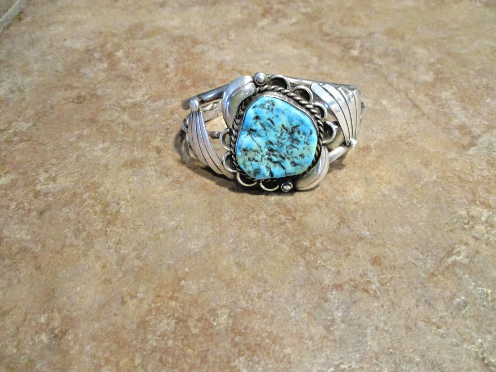 FINE Vintage Navajo Sterling Silver SEA FOAM Turquoise Applique Bracelet Sign FS