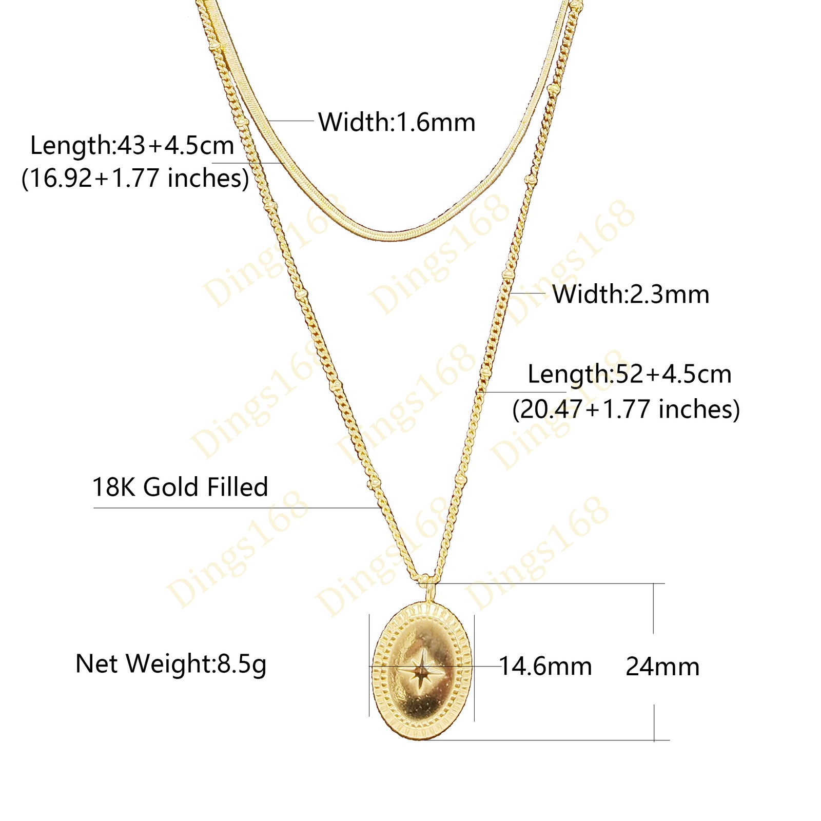 18K Gold Filled Tarnish-Free Flat Snake / Cable Chain Pendant 2-Strand Necklace