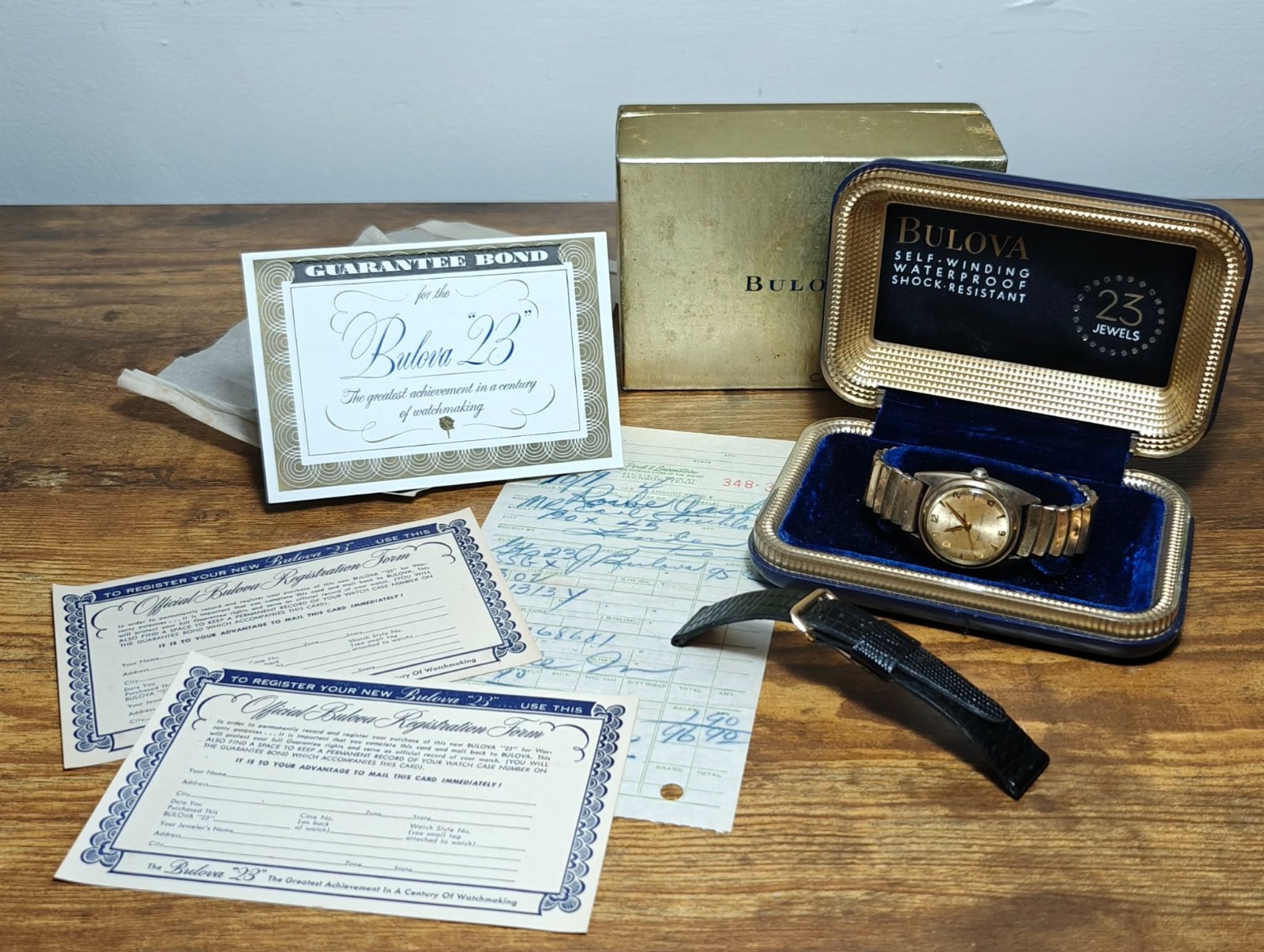 Vintage 1954 Bulova 23 Jewel Automatic Men’s watch with box and all paper work.