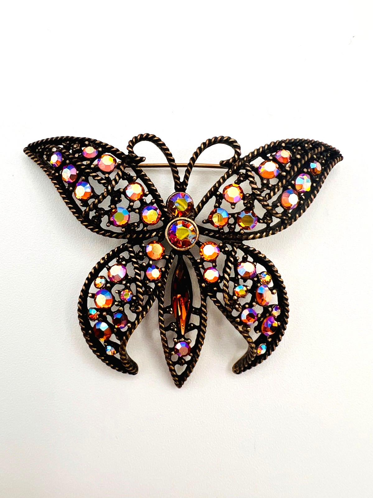 Vintage KIRKS FOLLY Butterfly Brooch Pin AB Rhinestones, Copper Ox, Signed